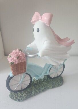 Ghost Riding Bicycle Figurine W/ Pink Bow & Roses  Halloween Decor Summerween
